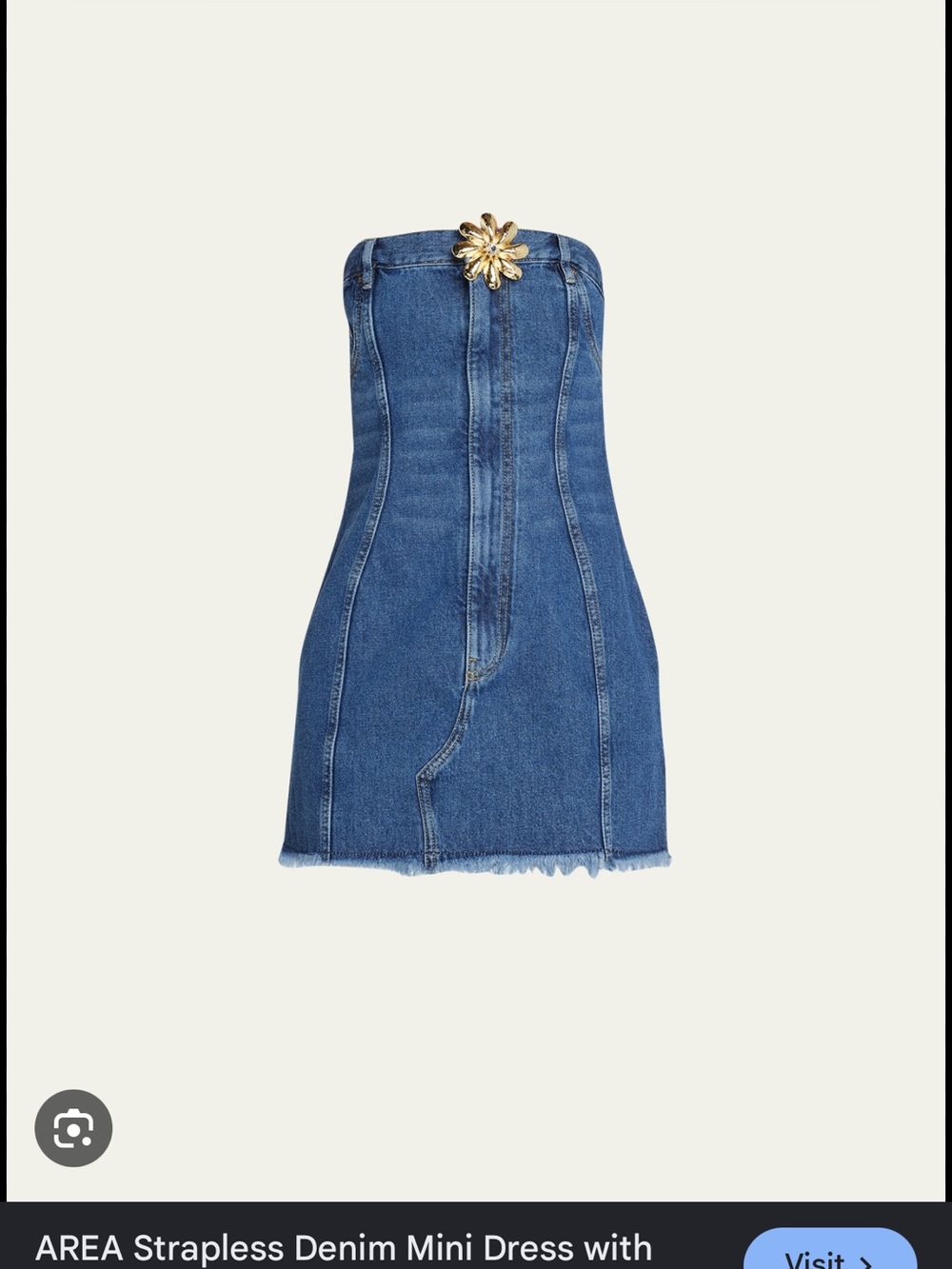 AREA Strapless Denim Mini Dress with Gold Floral Accent